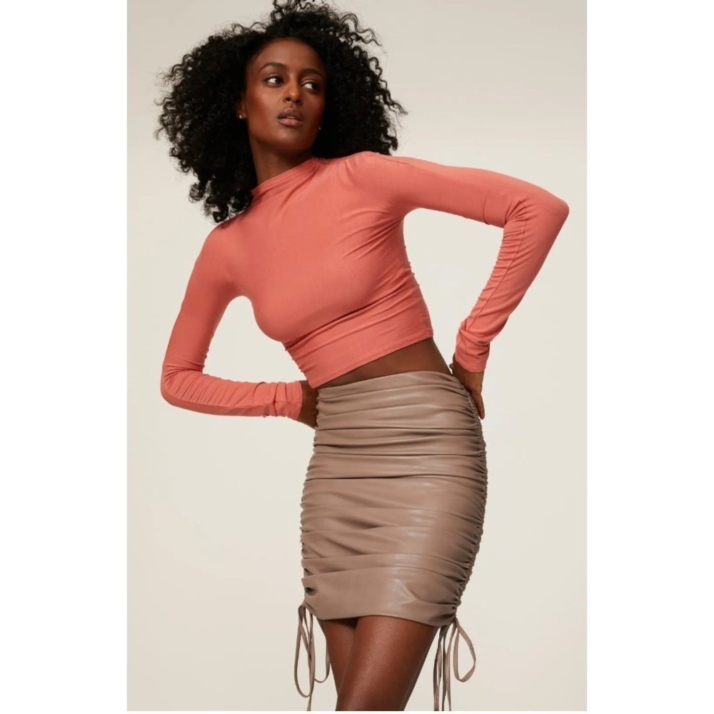 LAPOINTE Skirt Women 4 Taupe‎ Ruched Faux Leather Mini Drawstring High Rise